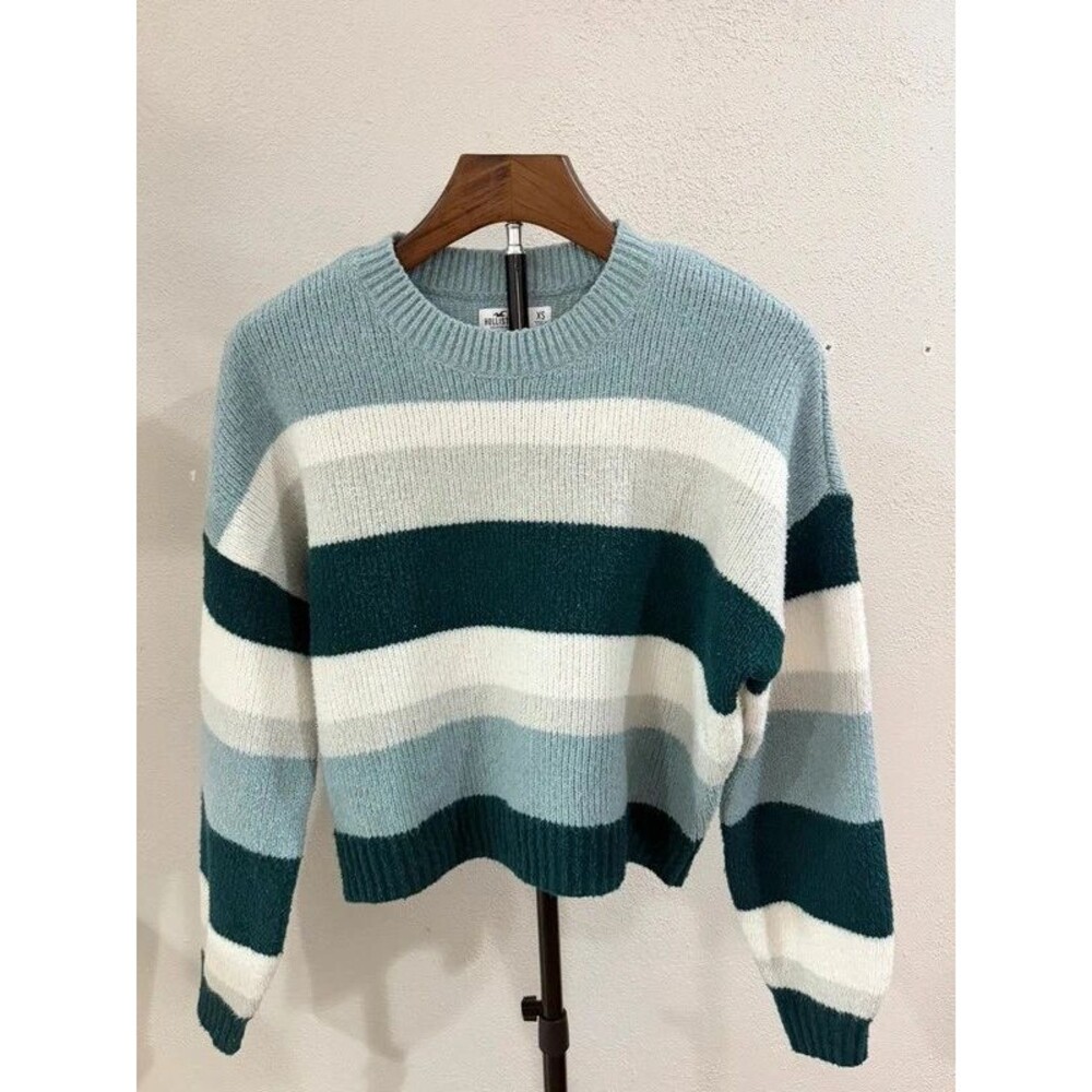 Hollister Blue Green Cream Striped Knit Sweater XS